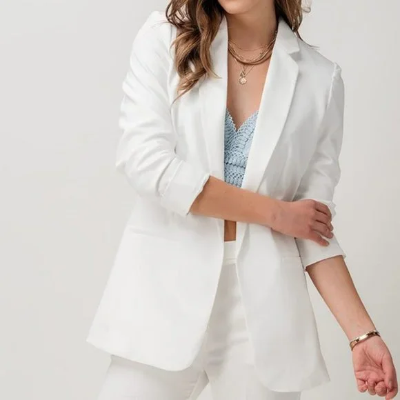 NEW Classic Collar Mid Length Side Pocket Open Front Cardigan Long Blazer Ivory - Picture 4 of 10